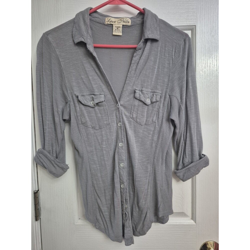 Love Notes Women's Gray Solid Woven Rayon Button-Up Collared Blouse M